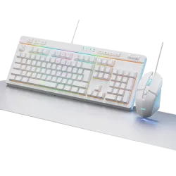 طقم لوحة مفاتيح وماوس وماوس باد للألعاب مع اضائة ار جي بي PCD KM-110WT - أبيض