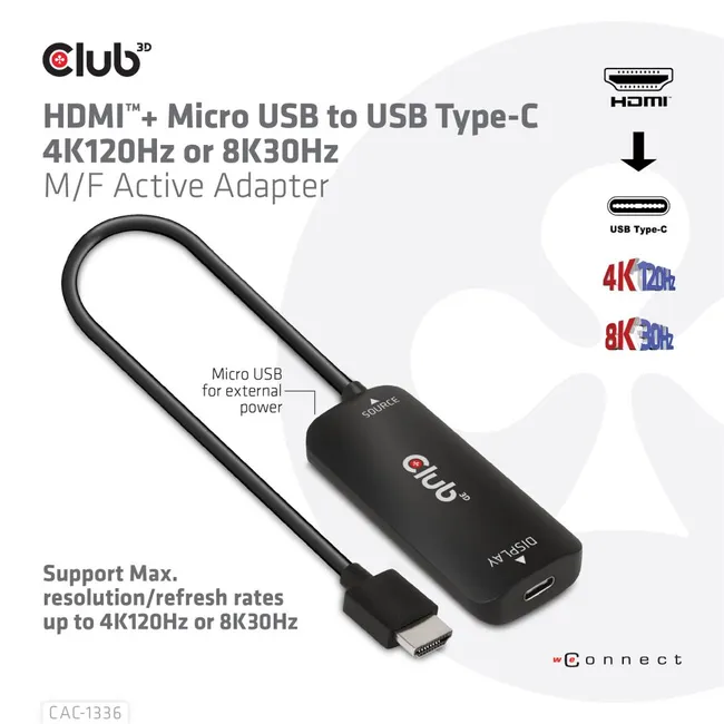 CLUB 3D HDMI + Micro USB to USB Type-C 4K120Hz or 8K30Hz M/F Active Adapter (CAC-1336)