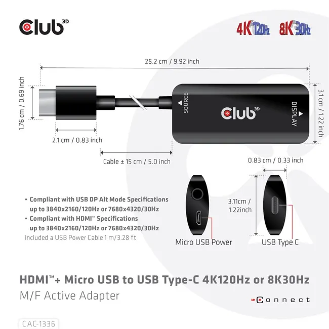 CLUB 3D HDMI + Micro USB to USB Type-C 4K120Hz or 8K30Hz M/F Active Adapter (CAC-1336)