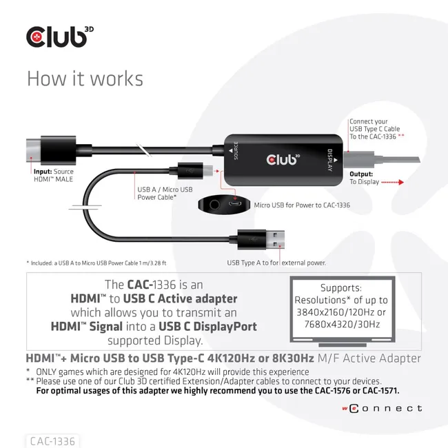 CLUB 3D HDMI + Micro USB to USB Type-C 4K120Hz or 8K30Hz M/F Active Adapter (CAC-1336)