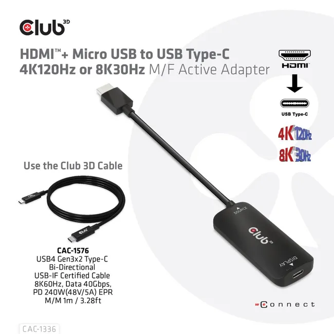 CLUB 3D HDMI + Micro USB to USB Type-C 4K120Hz or 8K30Hz M/F Active Adapter (CAC-1336)