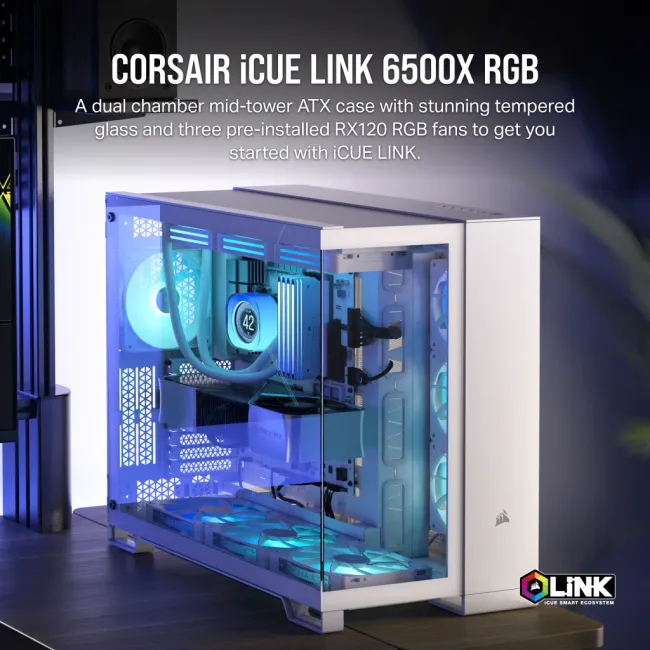 CORSAIR ICUE LINK 6500X RGB Mid-Tower Dual Chamber PC Case – WHITE