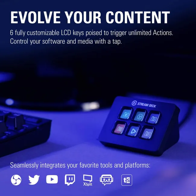 Elgato Stream Deck Mini - Compact Live Production Controller with 6 Customizable LCD keys, Trigger Actions in OBS Studio, Streamlabs, Twitch, YouTube and More (10GAI9901), Black