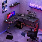 GAMEON L-Shaped Slayer I Series Gaming Desk (Size: 129*129*74cm &amp; Table top 80*46cm) With Headset Hook, Cup Holder &amp; Accessories Stand - Black