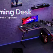 GAMEON L-Shaped Slayer I Series Gaming Desk (Size: 129*129*74cm &amp; Table top 80*46cm) With Headset Hook, Cup Holder &amp; Accessories Stand - Black