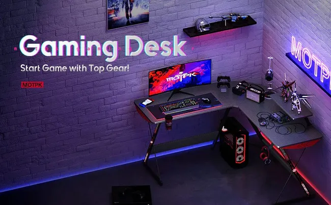 GAMEON L-Shaped Slayer I Series Gaming Desk (Size: 129*129*74cm &amp; Table top 80*46cm) With Headset Hook, Cup Holder &amp; Accessories Stand - Black