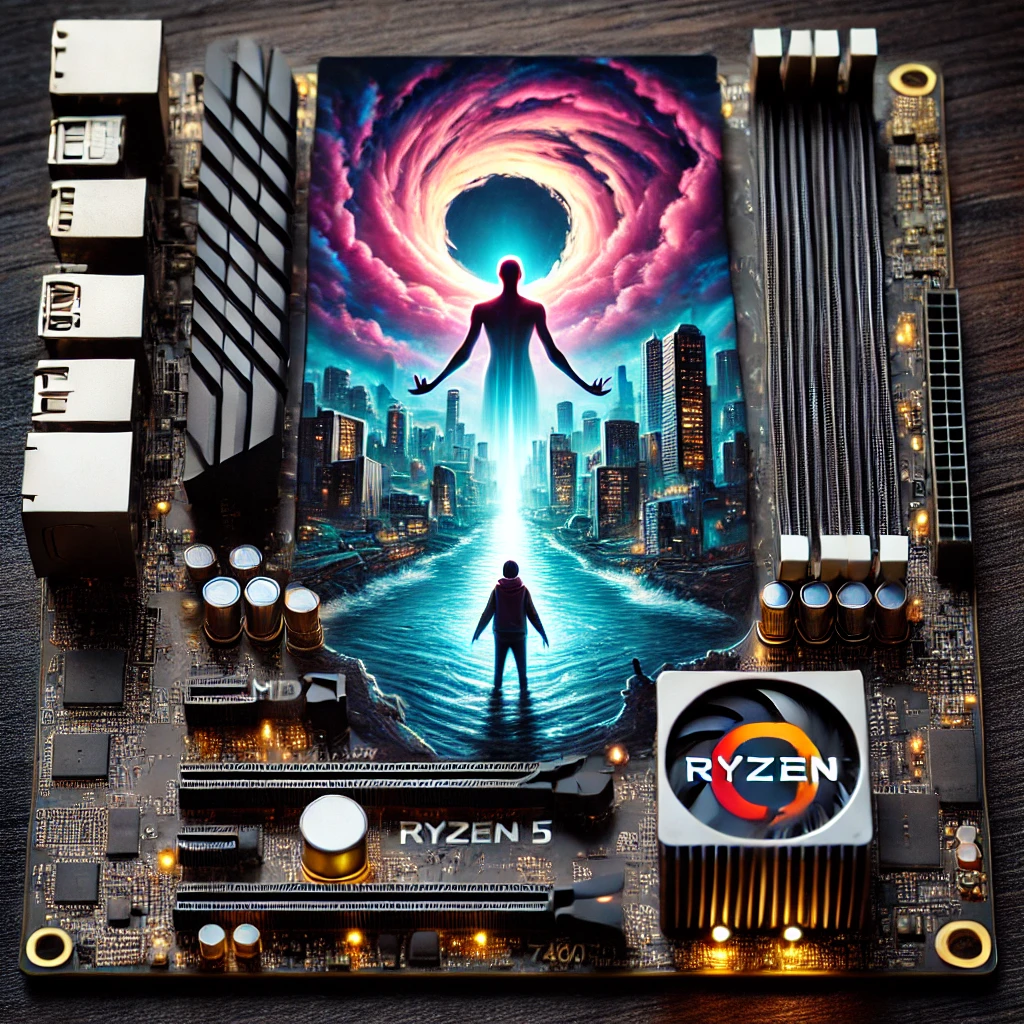 معالج AMD Ryzen 5 7400F مع توضيح المواصفات التقنية: 6 أنوية، 12 خيط معالجة، تردد يصل إلى 4.7 جيجاهرتز، دعم ذاكرة DDR5، توافق مع PCIe 5.0، بدون معالج رسومي مدمج.