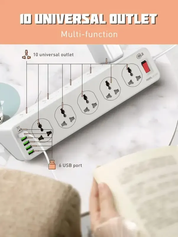 OLA-MP10610 Power Strip Surge Protector – 10 Outlets + 5 USB + Type-C, High-Speed Charging, and Overload Protection, and 700J Surge Suppression