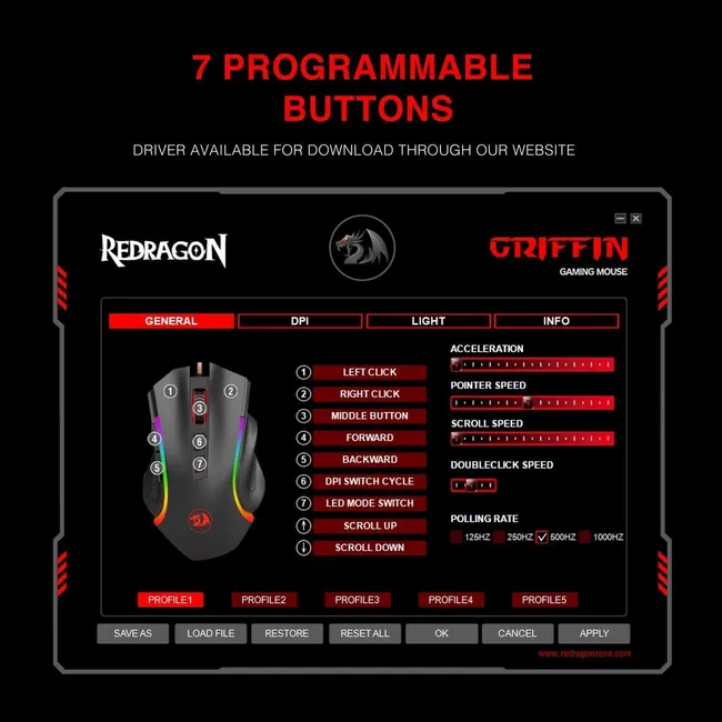 Redragon Griffin M607 Wired USB Gaming Mouse with 7 Programmable Buttons / 7200 DPI/RGB Lighting for Windows/Mac PC