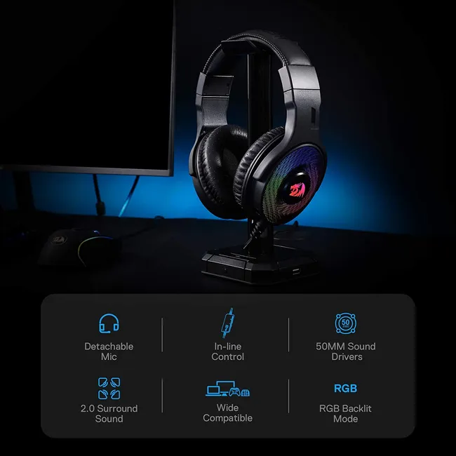 Redragon H350 Pandora RGB Wired Gaming Headset BLACK , Dynamic RGB Backlight - Stereo Surround-Sound - 50MM Drivers - Detachable Microphone, Over-Ear Headphones Works for PC/PS4/XBOX One/NS