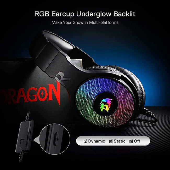 Redragon H350 Pandora RGB Wired Gaming Headset BLACK , Dynamic RGB Backlight - Stereo Surround-Sound - 50MM Drivers - Detachable Microphone, Over-Ear Headphones Works for PC/PS4/XBOX One/NS