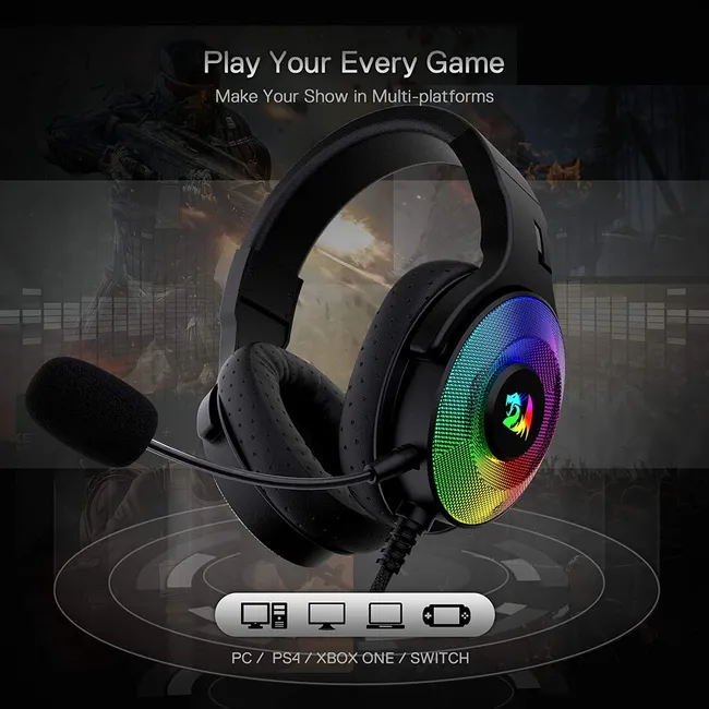 Redragon H350 Pandora RGB Wired Gaming Headset BLACK , Dynamic RGB Backlight - Stereo Surround-Sound - 50MM Drivers - Detachable Microphone, Over-Ear Headphones Works for PC/PS4/XBOX One/NS