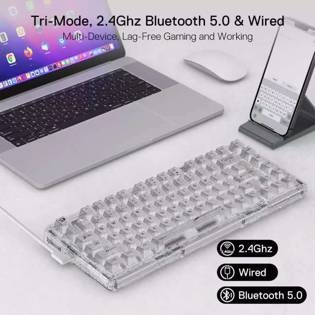 Redragon K649 3Modes PRO 75% Pre-built wireless, bluetooth, gaming, mechanical, RGB, white transparent Keyboard