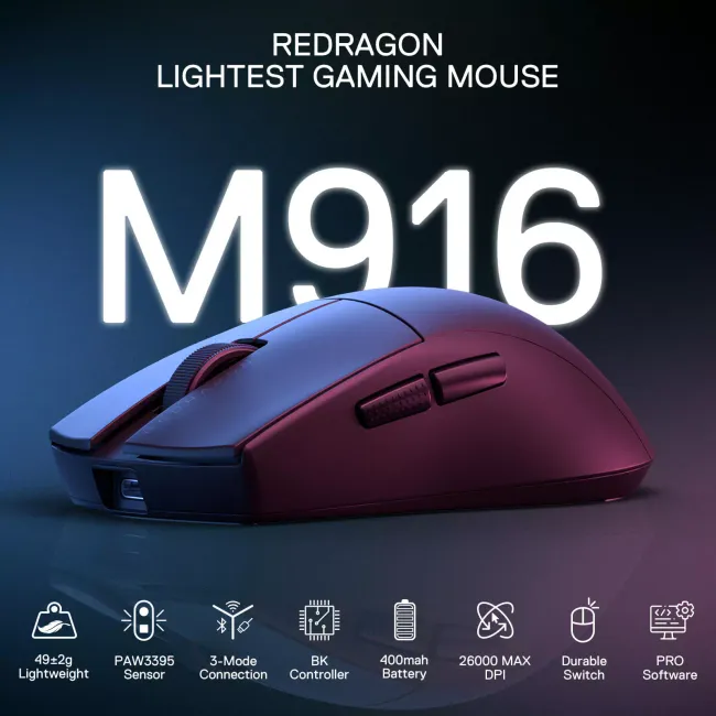 Redragon M916 PRO 3-Mode Wireless Gaming Mouse, 49G Ultra-Light 26000 DPI Gamer Mouse w/Ergonomic Natural Grip Build, Full Programmable