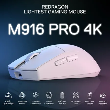 Redragon M916 PRO 3-Mode Wireless Gaming Mouse, Hype-Speed 4K Polling Rate, 49G Ultra-Light 26K DPI Gamer Mouse w/Ergonomic Natural Grip Build, Redefinable Macro Buttons, Software Supported ( White )