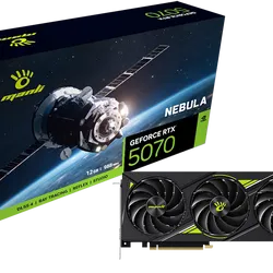 بطاقة الرسومات مانلي نيبولا GeForce RTX 5070 – ذاكرة 12GB GDDR7، تقنية DLSS 4 بتوليد الإطارات المتعدد وإعادة بناء تتبع الأشعة المحسّنة، غطاء معدني مصبوب مع لوحة خلفية معدنية، مروحة متوقفة عند الخمول لتقليل الضوضاء