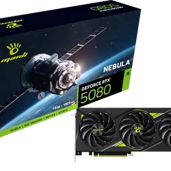 بطاقة الرسومات مانلي نيبولا GeForce RTX 5080 – ذاكرة 16GB GDDR7، تقنية DLSS 4 بتوليد الإطارات المتعدد وإعادة بناء تتبع الأشعة المحسّنة، غطاء معدني مصبوب مع لوحة خلفية معدنية، مروحة متوقفة عند الخمول لتقليل الضوضاء