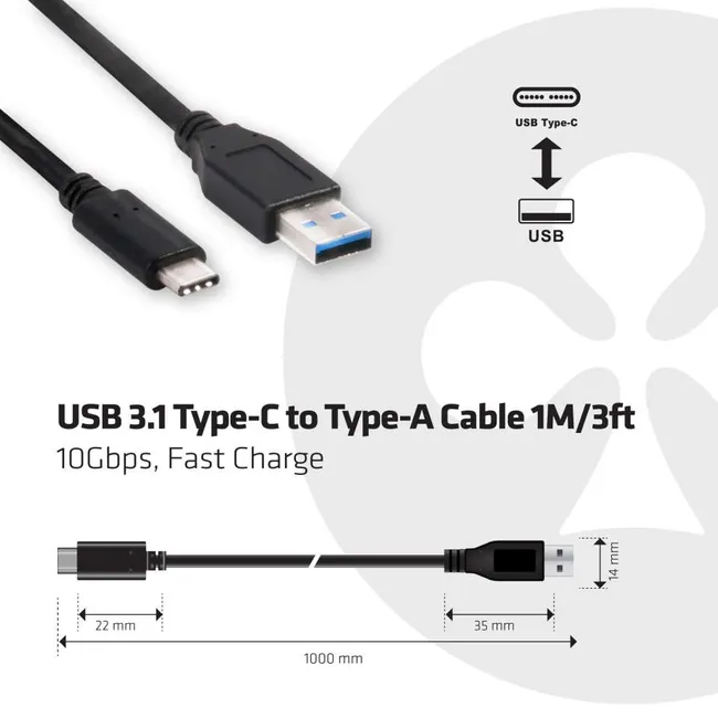 USB 3.1 Type-C to Type-A Cable 10Gbps PD 60W M/M 1m/3.28ft