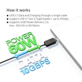 USB 3.1 Type-C to Type-A Cable 10Gbps PD 60W M/M 1m/3.28ft