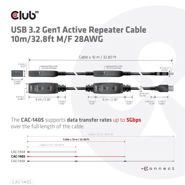 USB 3.2 Gen1 Active Repeater Cable 10m/ 32.8ft M/F 28AWG