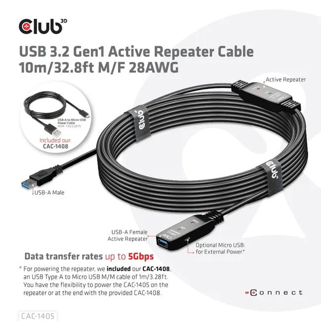 USB 3.2 Gen1 Active Repeater Cable 10m/ 32.8ft M/F 28AWG