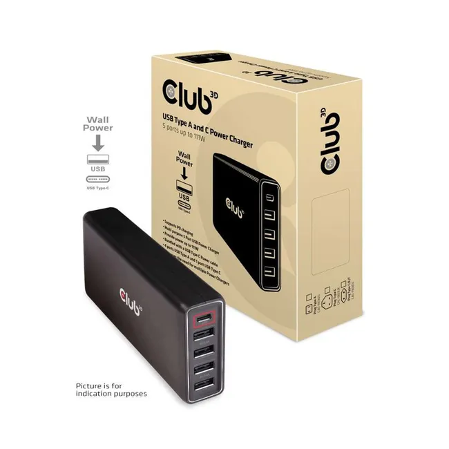 USB Type A and C Power Charger, 5 ports up to 111W