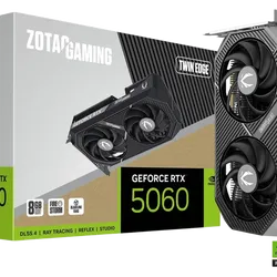 كرت شاشة ZOTAC GAMING GeForce RTX 5060 Twin Edge - ذاكرة 8GB GDDR7، تصميم مدمج بمروحتين، دعم DLSS 4 وتتبع الأشعة، واجهة PCIe 5.0، منافذ HDMI 2.1b وDisplayPort 2.1b